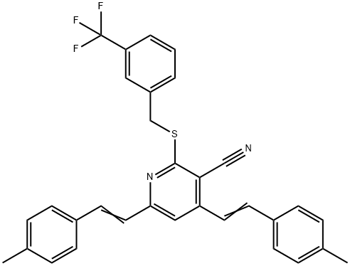 4,6-BIS(4-METHYLSTYRYL)-2-([3-(TRIFLUOROMETHYL)BENZYL]SULFANYL)NICOTINONITRILE 结构式