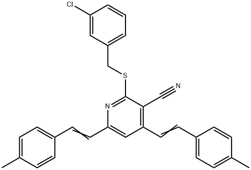 2-[(3-CHLOROBENZYL)SULFANYL]-4,6-BIS(4-METHYLSTYRYL)NICOTINONITRILE 结构式