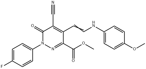 METHYL 5-CYANO-1-(4-FLUOROPHENYL)-4-[(E)-2-(4-METHOXYANILINO)ETHENYL]-6-OXO-1,6-DIHYDRO-3-PYRIDAZINECARBOXYLATE 结构式