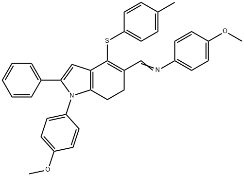 4-METHOXY-N-((E)-(1-(4-METHOXYPHENYL)-4-[(4-METHYLPHENYL)SULFANYL]-2-PHENYL-6,7-DIHYDRO-1H-INDOL-5-YL)METHYLIDENE)ANILINE 结构式