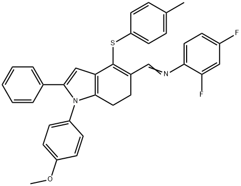 2,4-DIFLUORO-N-((E)-(1-(4-METHOXYPHENYL)-4-[(4-METHYLPHENYL)SULFANYL]-2-PHENYL-6,7-DIHYDRO-1H-INDOL-5-YL)METHYLIDENE)ANILINE 结构式