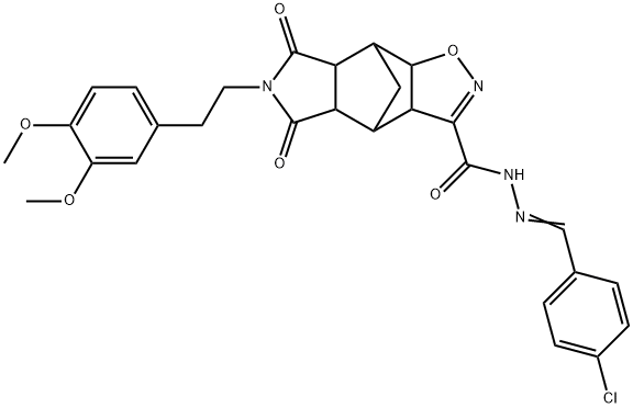 N'-[(4-CHLOROPHENYL)METHYLENE]-10-(3,4-DIMETHOXYPHENETHYL)-9,11-DIOXO-3-OXA-4,10-DIAZATETRACYCLO[5.5.1.0(2,6).0(8,12)]TRIDEC-4-ENE-5-CARBOHYDRAZIDE 结构式