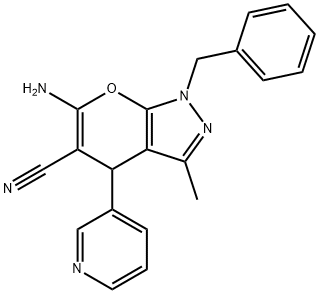 6-AMINO-1-BENZYL-3-METHYL-4-PYRIDIN-3-YL-1,4-DIHYDROPYRANO[2,3-C]PYRAZOLE-5-CARBONITRILE 结构式