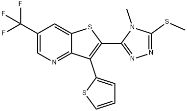 2-[4-Methyl-5-(methylsulfanyl)-4H-1,2,4-triazol-3-yl]-3-(2-thienyl)-6-(trifluoromethyl)thieno[3,2-b]pyridine 结构式