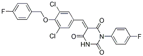 (5E)-5-{3,5-Dichloro-4-[(4-fluorobenzyl)oxy]benzylidene}-1-(4-fluorophenyl)pyrimidine-2,4,6(1H,3H,5H)-trione 结构式