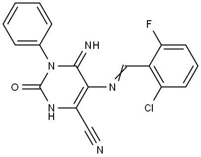 5-(1-Aza-2-(2-chloro-6-fluorophenyl)vinyl)-4-imino-2-oxo-3-phenyl-1H-1,3-diazine-6-carbonitrile 结构式