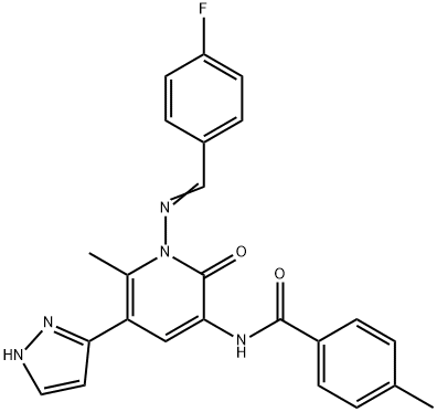 N-[1-([(Z)-(4-FLUOROPHENYL)METHYLIDENE]AMINO)-6-METHYL-2-OXO-5-(1H-PYRAZOL-5-YL)-1,2-DIHYDRO-3-PYRIDINYL]-4-METHYLBENZENECARBOXAMIDE 结构式