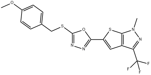 5-(5-[(4-METHOXYBENZYL)SULFANYL]-1,3,4-OXADIAZOL-2-YL)-1-METHYL-3-(TRIFLUOROMETHYL)-1H-THIENO[2,3-C]PYRAZOLE 结构式