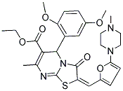 (E)-Ethyl 5-(2,5-dimethoxyphenyl)-7-methyl-2-((5-(4-methylpiperazin-1-yl)furan-2-yl)methylene)-3-oxo-3,5-dihydro-2H-thiazolo[3,2-a]pyrimidine-6-carboxylate 结构式