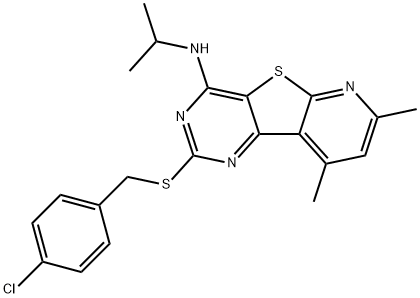 2-[(4-CHLOROBENZYL)SULFANYL]-N-ISOPROPYL-7,9-DIMETHYLPYRIDO[3',2':4,5]THIENO[3,2-D]PYRIMIDIN-4-AMINE 结构式