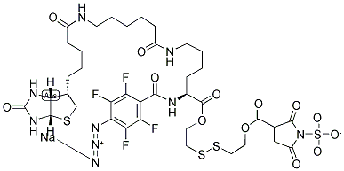 2-[N2-(4-AZIDO-2,3,5,6-TETRAFLUOROBENZOYL)-N6-(6-BIOTINAMIDOCAPROYL)-L-LYSINYL]ETHYL 2'- (N-SULFOSUCCINIMIDYLCARBOXY)ETHYL DISULFIDE, SODIUM SALT 结构式