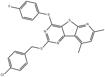 2-[(4-CHLOROBENZYL)SULFANYL]-4-[(4-FLUOROPHENYL)SULFANYL]-7,9-DIMETHYLPYRIDO[3',2':4,5]THIENO[3,2-D]PYRIMIDINE 结构式