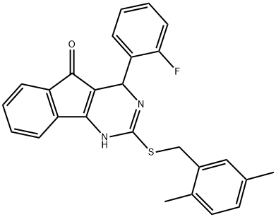 2-[(2,5-DIMETHYLBENZYL)SULFANYL]-4-(2-FLUOROPHENYL)-1,4-DIHYDRO-5H-INDENO[1,2-D]PYRIMIDIN-5-ONE 结构式