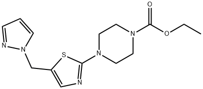 ETHYL 4-[5-(1H-PYRAZOL-1-YLMETHYL)-1,3-THIAZOL-2-YL]TETRAHYDRO-1(2H)-PYRAZINECARBOXYLATE 结构式