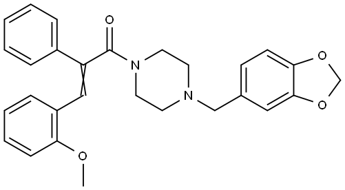 (E)-1-[4-(1,3-Benzodioxol-5-ylmethyl)piperazino]-3-(2-methoxyphenyl)-2-phenyl-2-propen-1-one 结构式