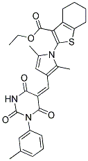 (E)-Ethyl 2-(2,5-dimethyl-3-((2,4,6-trioxo-3-m-tolyl-tetrahydropyrimidin-5(6H)-ylidene)methyl)-1H-pyrrol-1-yl)-4,5,6,7-tetrahydrobenzo[b]thiophene-3-carboxylate 结构式