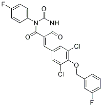 (5E)-5-{3,5-DICHLORO-4-[(3-FLUOROBENZYL)OXY]BENZYLIDENE}-1-(4-FLUOROPHENYL)PYRIMIDINE-2,4,6(1H,3H,5H)-TRIONE 结构式