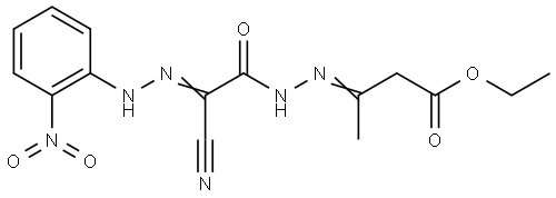 Ethyl 3-((E)-2-(2-cyano-2-[(E)-2-(2-nitrophenyl)hydrazono]acetyl)hydrazono)butanoate 结构式