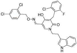 5-(2-CHLORO-6-FLUOROBENZYL)-4-HYDROXY-1-[2-(1H-INDOL-2-YL)ETHYL]-6-OXO-1,6-DIHYDRO-3-PYRIDINECARBALDEHYDE O-(2,4-DICHLOROBENZYL)OXIME 结构式