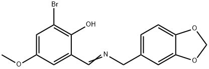 2-([(1,3-BENZODIOXOL-5-YLMETHYL)IMINO]METHYL)-6-BROMO-4-METHOXYBENZENOL 结构式