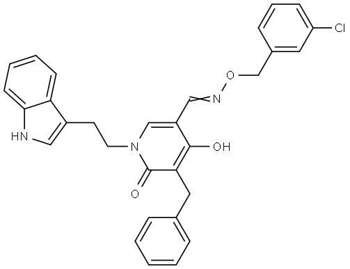 5-Benzyl-4-hydroxy-1-[2-(1H-indol-3-yl)ethyl]-6-oxo-1,6-dihydro-3-pyridinecarbaldehyde O-(3-chlorobenzyl)oxime 结构式
