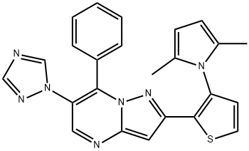 2-[3-(2,5-DIMETHYL-1H-PYRROL-1-YL)-2-THIENYL]-7-PHENYL-6-(1H-1,2,4-TRIAZOL-1-YL)PYRAZOLO[1,5-A]PYRIMIDINE 结构式