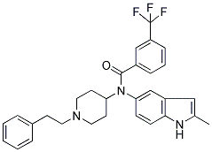 N-[2-METHYL-1H-INDOL-5-YL]-N-[1-(2-PHENYLETHYL)PIPERIDIN-4-YL]-3-(TRIFLUOROMETHYL)BENZAMIDE 结构式