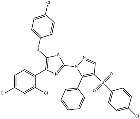 4-CHLOROPHENYL 1-[5-[(4-CHLOROPHENYL)SULFANYL]-4-(2,4-DICHLOROPHENYL)-1,3-THIAZOL-2-YL]-5-PHENYL-1H-PYRAZOL-4-YL SULFONE 结构式