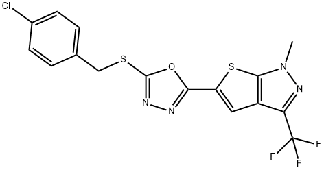 4-CHLOROBENZYL 5-[1-METHYL-3-(TRIFLUOROMETHYL)-1H-THIENO[2,3-C]PYRAZOL-5-YL]-1,3,4-OXADIAZOL-2-YL SULFIDE 结构式