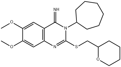 3-CYCLOHEPTYL-6,7-DIMETHOXY-2-[(TETRAHYDRO-2H-PYRAN-2-YLMETHYL)SULFANYL]-4(3H)-QUINAZOLINIMINE 结构式