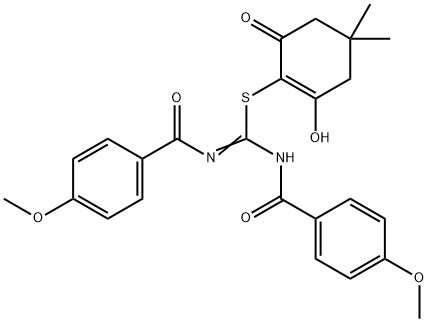 N-(2-AZA-1-(6-HYDROXY-4,4-DIMETHYL-2-OXOCYCLOHEX-1-ENYLTHIO)-3-(4-METHOXYPHENYL)-3-OXOPROP-1-ENYL)(4-METHOXYPHENYL)FORMAMIDE 结构式