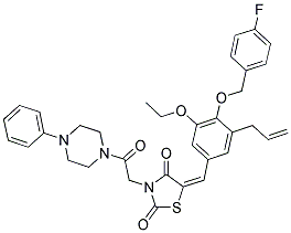(E)-5-(3-ALLYL-5-ETHOXY-4-(4-FLUOROBENZYLOXY)BENZYLIDENE)-3-(2-OXO-2-(4-PHENYLPIPERAZIN-1-YL)ETHYL)THIAZOLIDINE-2,4-DIONE 结构式