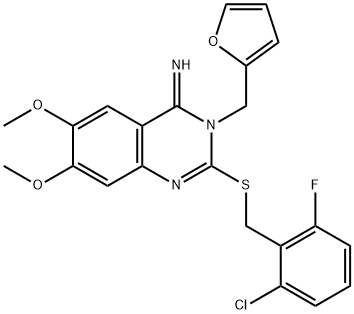 2-[(2-CHLORO-6-FLUOROBENZYL)SULFANYL]-3-(2-FURYLMETHYL)-6,7-DIMETHOXY-4(3H)-QUINAZOLINIMINE 结构式
