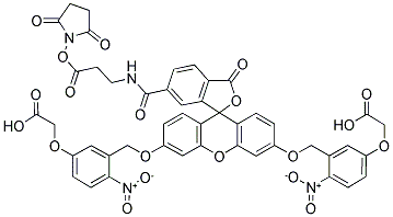5-Carboxyfluorescein-bis-(5-carboxymethoxy-2-nitrobenzyl) ether, beta-alanine-carboxamide, succinimidyl ester 结构式