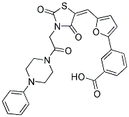 (E)-3-(5-((2,4-DIOXO-3-(2-OXO-2-(4-PHENYLPIPERAZIN-1-YL)ETHYL)THIAZOLIDIN-5-YLIDENE)METHYL)FURAN-2-YL)BENZOIC ACID 结构式