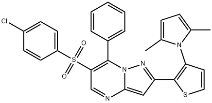 4-CHLOROPHENYL 2-[3-(2,5-DIMETHYL-1H-PYRROL-1-YL)-2-THIENYL]-7-PHENYLPYRAZOLO[1,5-A]PYRIMIDIN-6-YL SULFONE 结构式