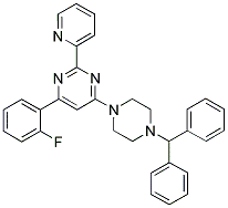 4-(4-Benzhydryl-piperazin-1-yl)-6-(2-fluoro-phenyl)-2-pyridin-2-yl-pyrimidine 结构式