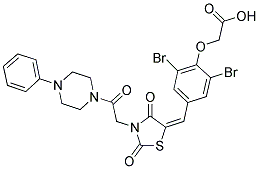 (E)-2-(2,6-DIBROMO-4-((2,4-DIOXO-3-(2-OXO-2-(4-PHENYLPIPERAZIN-1-YL)ETHYL)THIAZOLIDIN-5-YLIDENE)METHYL)PHENOXY)ACETIC ACID 结构式