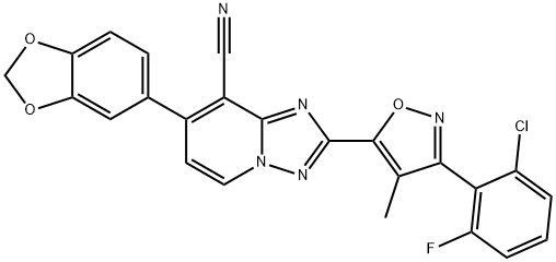 7-(1,3-Benzodioxol-5-yl)-2-[3-(2-chloro-6-fluorophenyl)-4-methyl-5-isoxazolyl][1,2,4]triazolo[1,5-a]pyridine-8-carbonitrile 结构式