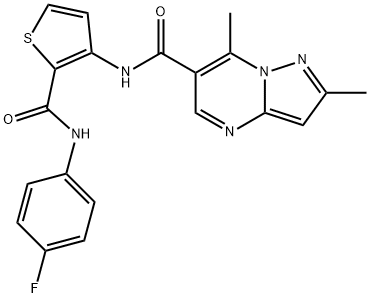 N-(2-[(4-FLUOROANILINO)CARBONYL]-3-THIENYL)-2,7-DIMETHYLPYRAZOLO[1,5-A]PYRIMIDINE-6-CARBOXAMIDE 结构式