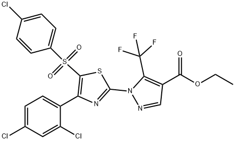 Ethyl 1-[5-[(4-chlorophenyl)sulfonyl]-4-(2,4-dichlorophenyl)-1,3-thiazol-2-yl]-5-(trifluoromethyl)-1H-pyrazole-4-carboxylate 结构式