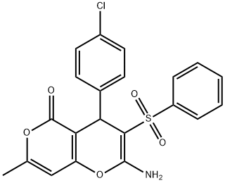 2-AMINO-4-(4-CHLOROPHENYL)-7-METHYL-3-(PHENYLSULFONYL)-4H,5H-PYRANO[4,3-B]PYRAN-5-ONE 结构式