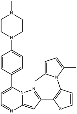 2-[3-(2,5-DIMETHYL-1H-PYRROL-1-YL)-2-THIENYL]-7-[4-(4-METHYLPIPERAZINO)PHENYL]PYRAZOLO[1,5-A]PYRIMIDINE 结构式