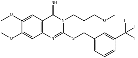 6,7-DIMETHOXY-3-(3-METHOXYPROPYL)-2-([3-(TRIFLUOROMETHYL)BENZYL]SULFANYL)-4(3H)-QUINAZOLINIMINE 结构式