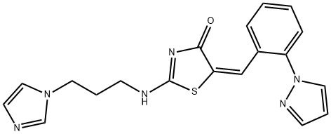 2-([3-(1H-IMIDAZOL-1-YL)PROPYL]AMINO)-5-((E)-[2-(1H-PYRAZOL-1-YL)PHENYL]METHYLIDENE)-1,3-THIAZOL-4(5H)-ONE 结构式