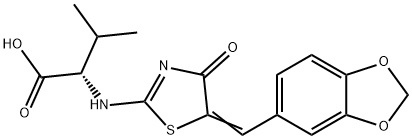 2-((5-[(E)-1,3-BENZODIOXOL-5-YLMETHYLIDENE]-4-OXO-4,5-DIHYDRO-1,3-THIAZOL-2-YL)AMINO)-3-METHYLBUTANOIC ACID 结构式