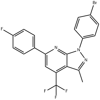 1-(4-Bromophenyl)-6-(4-fluorophenyl)-3-methyl-4-(trifluoromethyl)-1H-pyrazolo[3,4-b]pyridine 结构式