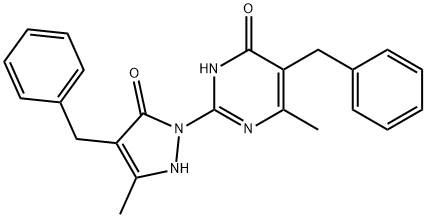 5-Benzyl-2-(4-benzyl-3-methyl-5-oxo-2,5-dihydro-1H-pyrazol-1-yl)-6-methyl-4(3H)-pyrimidinone 结构式