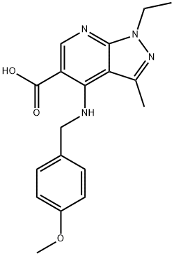 1-ETHYL-4-[(4-METHOXYBENZYL)AMINO]-3-METHYL-1H-PYRAZOLO[3,4-B]PYRIDINE-5-CARBOXYLIC ACID 结构式