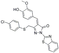 (E)-1-(BENZO[D]THIAZOL-2-YL)-3-((4-CHLOROPHENYLTHIO)METHYL)-4-(4-HYDROXY-3-METHOXYBENZYLIDENE)-1H-PYRAZOL-5(4H)-ONE 结构式